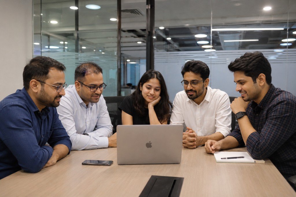 Softovate engineering team collaborating around a laptop in a modern office